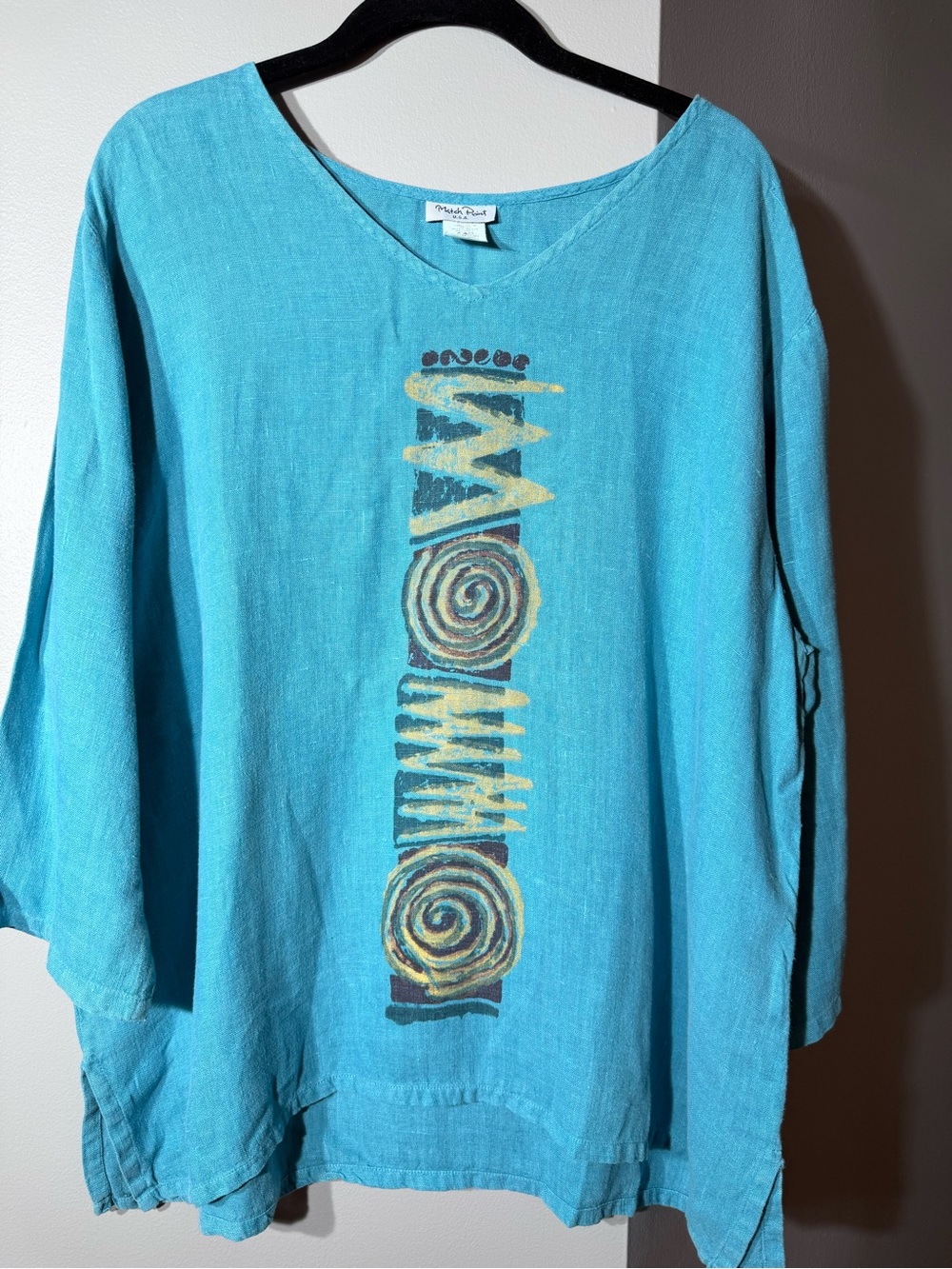 Turquoise V-Neck Linen Tunic Top with Abstract Print